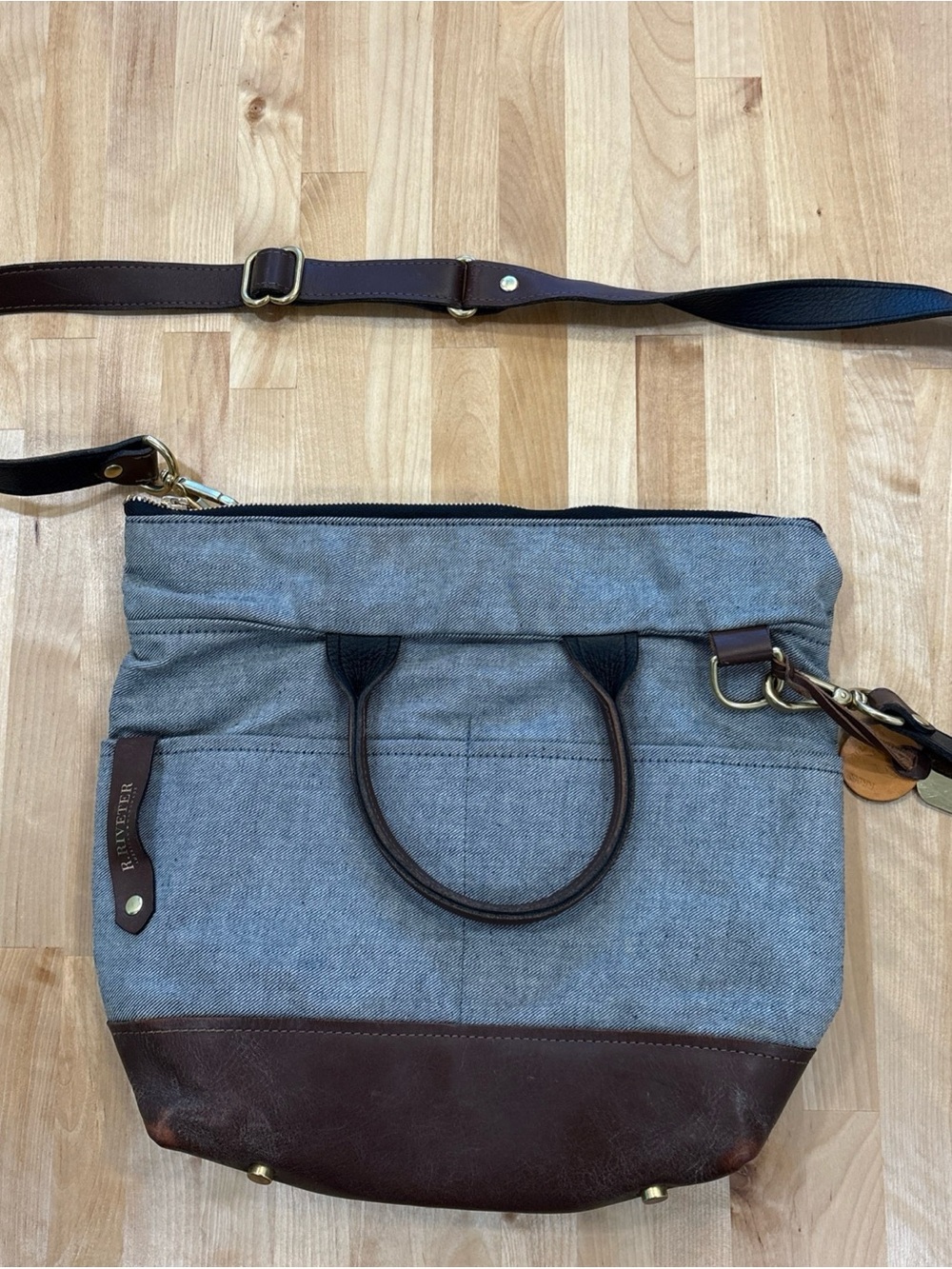 R. Riveter Otto Carry All Shoulder Bag Canvas Leather Trim Top Handle Dog Tag